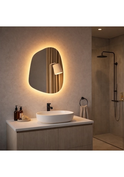 30x41 Cm Asimetrik Led Aydınlatmalı Ayna Touch Sensörlü, Dimmer Özellikli Günışığı 3000k Modern Duvar Dekoru Sarı