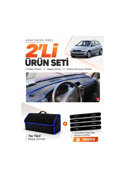 Opel Corsa C 2001-2011 Uyumlu Torpido Örtüsü + Tay Tüyü Bagaj Çantası + Sticker Seti - Siyah Mavi