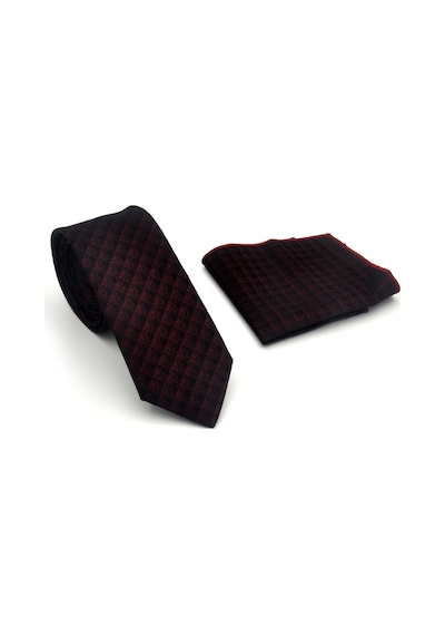 Gaffy Siyah Küp Desenli Bordo Dokuma Kumaş Mendilli Slim Fit Kravat // Sdk-2605-4 Bordo