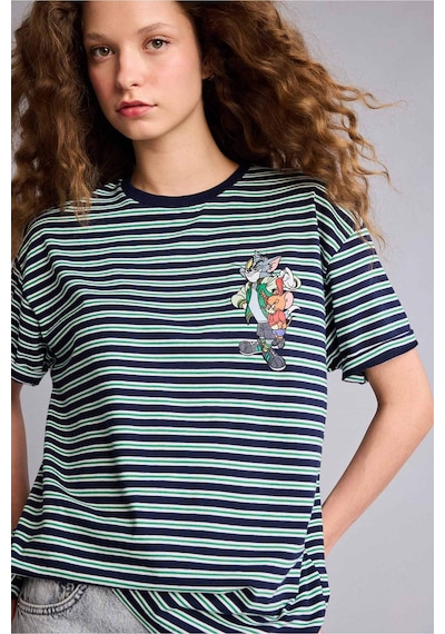 Defacto Tom & Jerry Oversıze Slogan Desenli Kısa Kollu Tişört G0844ax26spnv105 Lacivert-nv105