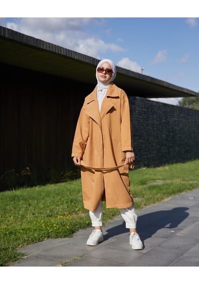Vioshine Kadın Kruveza Yaka Kuşaklı Kot Trençkot-camel Camel