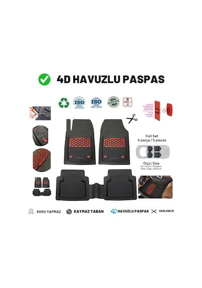 Mitsubishi Eclipse Cross 2022 Uyumlu 4 Cm Derin Havuzlu 5 Parça Set 3d Paspas Takımı Siyah - Kırmızı