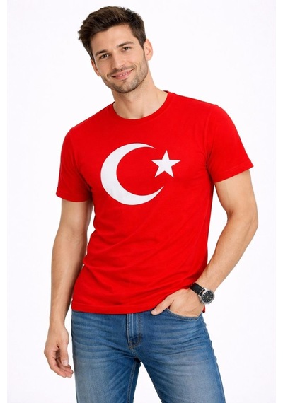 Erkek T-shirt Kısa Kol Bisiklet Yaka Ay Yıldız Bayrak Baskılı Tişört - Kırmızı Çok Renkli