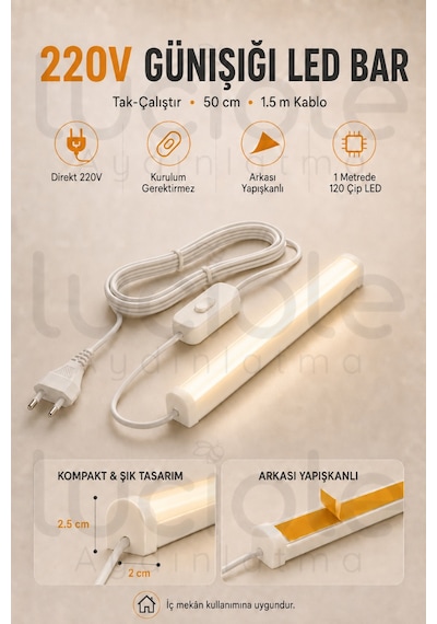 220v Günışığı Led Bar 50 Cm Fişli Anahtarlı Yapışkanlı Tezgah Altı Dolap İçi Aydınlatma