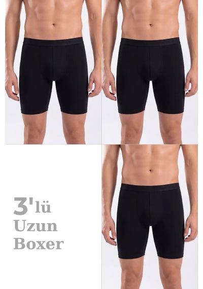 Astrid T Özel Üretim Lastikli Bel Likralı Kumaş Hediye Alternatif 3'lü Paket Erkek Siyah Uzun Paçalı Boxer