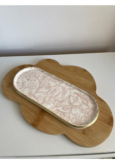 Pembe Çiçekli Desenli Dekoratif Beton Tabak Takı Ve Anahtarlık Organizer Tepsi Sunumluk