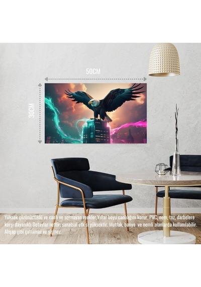 Kartal Fütüristik Bir Şehirde Neon Parıltı Stili 05 Çerçevesiz 50x30 Cm Pvc Tablo