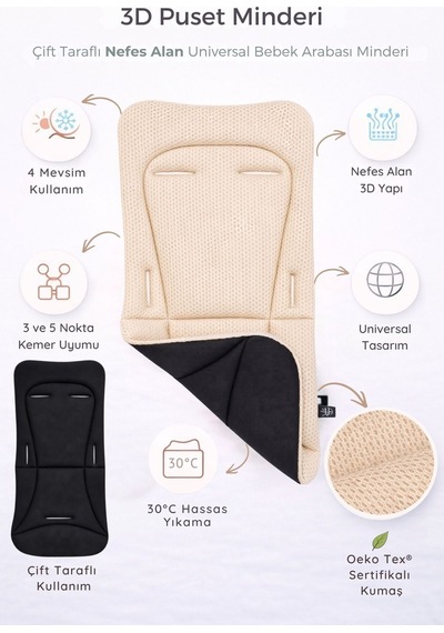 3d Mesh Puset Ve Bebek Arabası Minderi 4 Mevsim Çift Taraflı Terletmez Universal Bebek Oto Koltuğu Minderi Siyah-bej