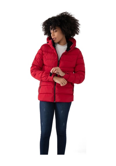 Kadın Kapüşonlu Polarlı Su Geçirmez Rüzgara Dayanıklı Şişme Mont & Kaban & Parka-35 Kırmızı