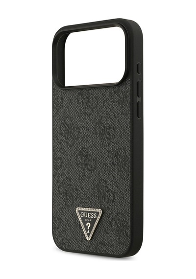 Apple iPhone Uyumlu 18 Pro Max Kılıf Guess Lisanslı Pu Deri Taşlı Üçgen Logo 4g Desenli Strass Kapak Siyah