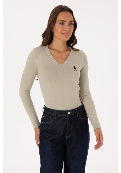 U.S. Polo Assn. Kadın Açık Haki  V Yaka Basic Kazak 50307712-VR183