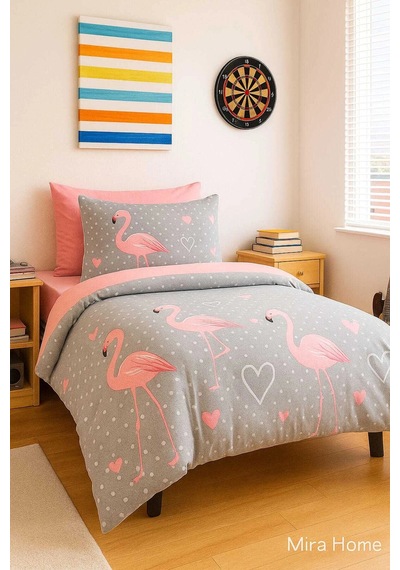 Flamingo Desenli Pamuklu Tek Kişilik Nevresim Takımı Çok Renkli
