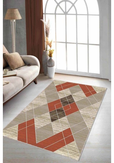 Tarçın Geometrik Kaymaz Taban Makinede Yıkanabilir Halı Dd09n11