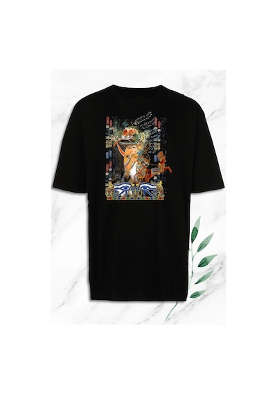 Unisex Beyaz Oversize Antik Mısır Egypt Baskılı Tişört Siyah