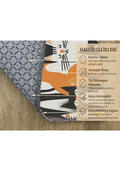 Turkıshrug Kıngdom Kedi Desenli Çocuk Halısı, Siyah, Sarı Ve Turuncu Renkli, Kaymaz Taban, Oda Dekoru Çok Renkli
