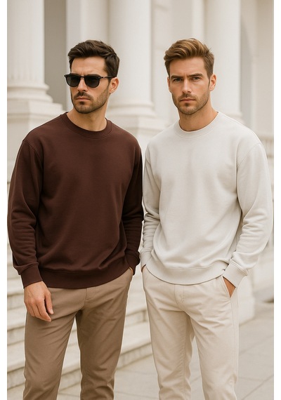Rich Erkek 2'li Paket Kahverengi - Krem Bisiklet Yaka Scuba Basic Sweatshirt Kahverengi