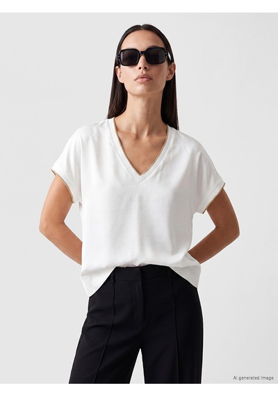 Lcw Everyday Ekru V Yaka Oversize Kadın Tişört