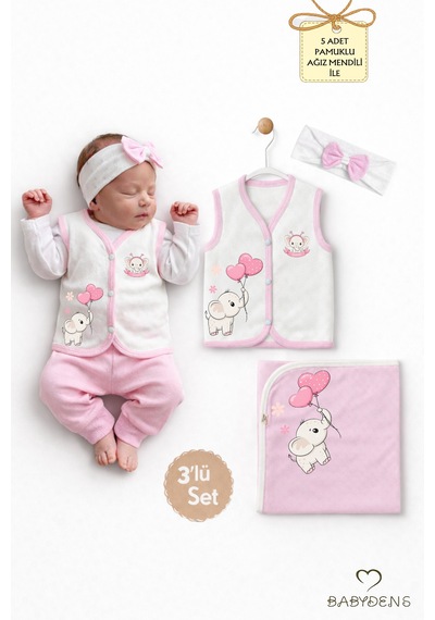 Babyden's Kız Bebek 3’lü Set Pamuklu Jakarlı Fil Baskılı Yelek ,Battaniye ,Saç Bandı 6-9 AY