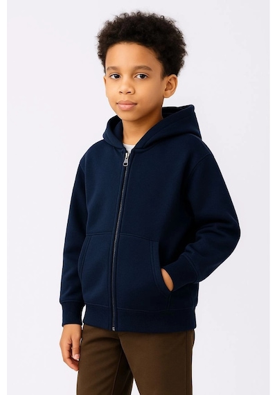 Erkek Çocuk Kapüşonlu Kanguru Cepli Tam Fermuarlı Hırka Sweatshirt - Lacivert