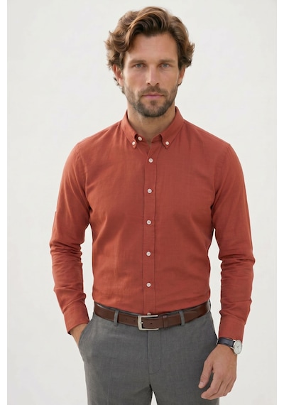Tudors Erkek Slim Fit Dar Kesim %100 Pamuk Düğmeli Yaka Flam Keten Turuncu Gömlek-50275