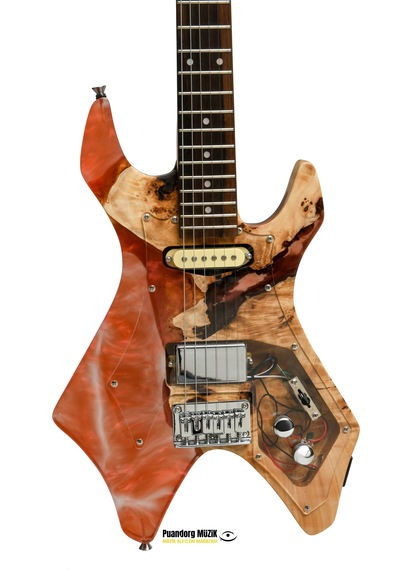 Elektro Gitar X Kasa Alev Custom Epoksi & Yıllanmış Ağaç Kişiye Özel Kırmızı Şeffaf