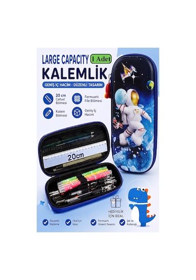 Astronot Kabartmalı Bölmeli Kalemlik 1 Adet P-5953 Erkek Çocuk Okul Kalem Kutusu 3 Boyutlu Uzay Karikatür Hediyelik Yeşil
