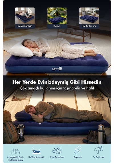 Livenzi Tek Kişilik Şişme Yatak Yastık + Manuel Şişirme Pompası 191 76 22 Cm Lacivert