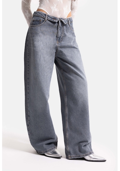Kadın Koyu Gri 2w6-125 Straight Fit Kemer Detaylı Denim Jean Gri Melanj