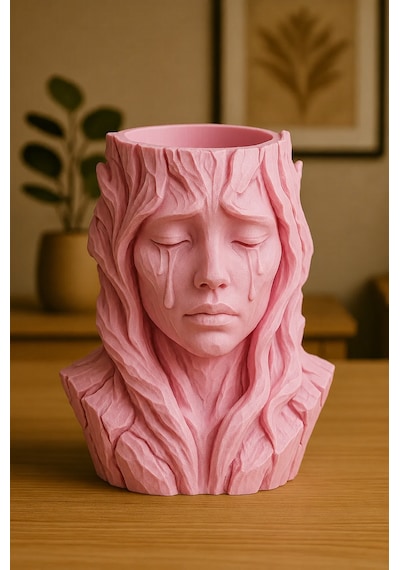 3d Baskı Ağlayan Kadın Büst Saksı - Sanatsal Dekoratif Saksı - Pembe Çok Renkli