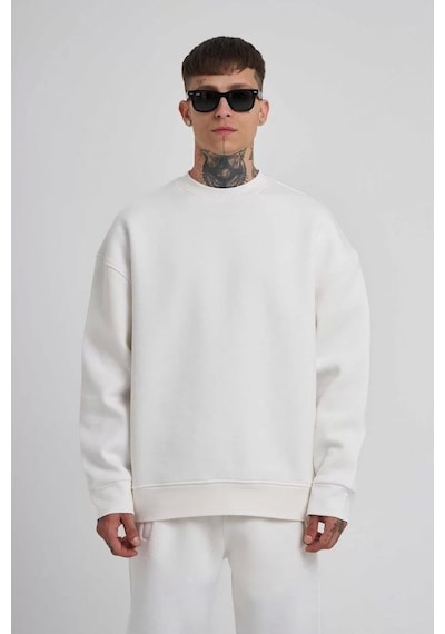 Unisex Biskilet Yaka Üç İplik Sweatshirt - Beyaz