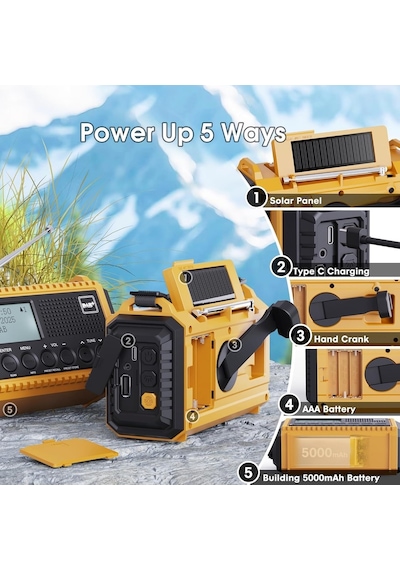 Rocam Dab/dab+/fm 5000 Mah Güneş Enerjili Dijital Acil Durum Radyosu Alarm Saatli Radyolar Turuncu