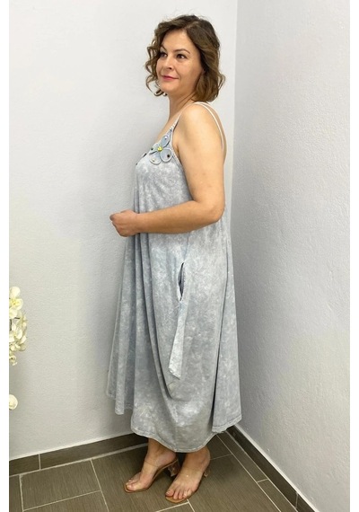 Mia Butik Büyük Beden Gri Pamuklu Şalvar Kesim Çiçekli Elbise Gri