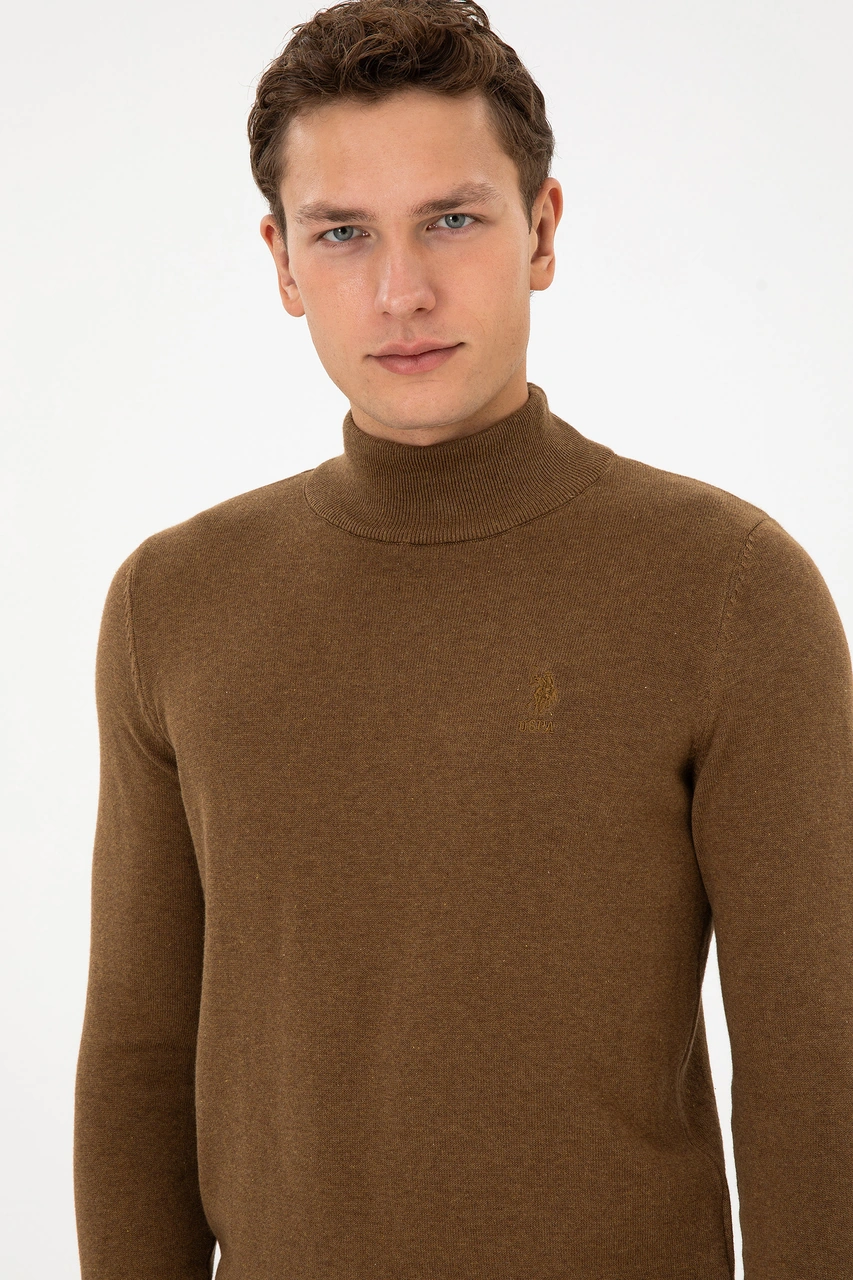 U.S. Polo Assn. Erkek Slim Fit Yarım Balıkçı Yaka Haki Melanj Basic Kazak 50307783-VR125