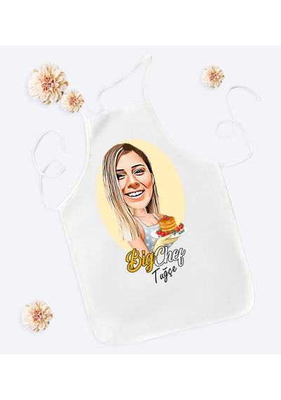 Bk Gift Kişiye Özel Kadın Big Chef Karikatürlü Beyaz Mutfak Önlüğü-1