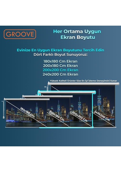 Groove Vizio Pro 200x200cm Blackout Işık Geçirmez Elektrikli Otomatik Kumandalı Projeksiyon Perdesi +motorlu+canlı Renkler+göz Koruması+leke Tutmaz Projector