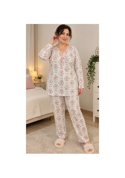Üç Gül Ticaret Kadın Çiçek Desenli Pijama Takımı Uzun Kollu, Pembe Biye Detaylı Beyaz Beyaz