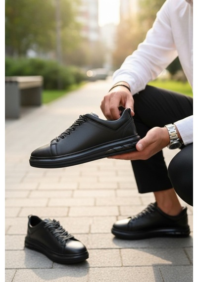 Enoch Hakiki Deri Siyah Günlük Bağcıklı Erkek Sneaker Comfort Taban Ayakkabı Siyah