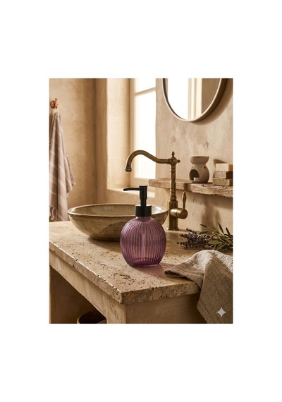 Çizgili Yuvarlak Siyah Pompalı Cam Sıvı Sabunluk - 500ml - 16x10x10 Cm Pembe