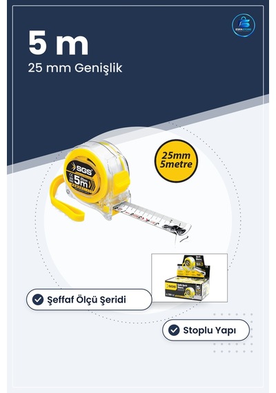 Şerit Metre 5 M X 25 Mm Şeffaf Kasalı Stoplu Ölçüm Aleti Manuel S