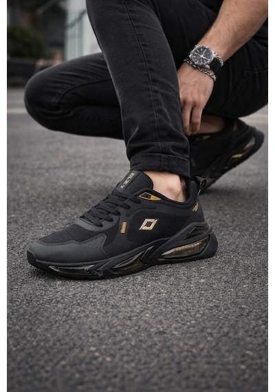 Erkek Siyah Air Taban Spor Ayakkabı Gold-gümüş Detaylı Sneaker Siyah - Altın