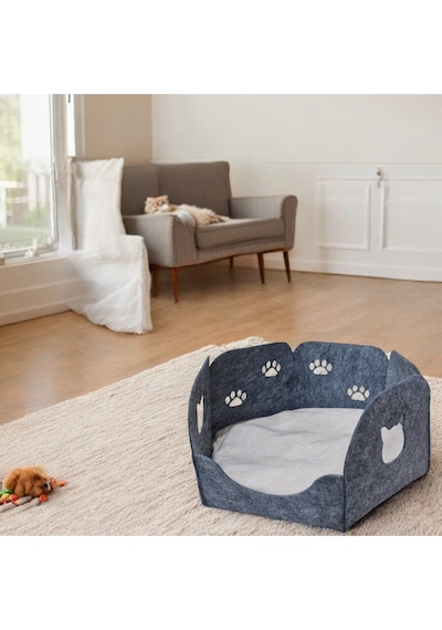 Kedi Yatağı Yuvası Evi Minderli Taşınabilir 3 Mm Keçe Altıgen Tasarım Yuva+minder Gri