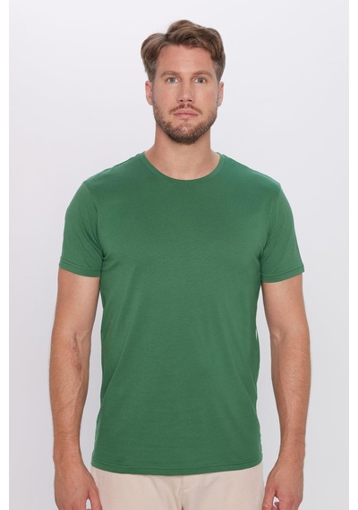 Tudors Unisex Slim Fit Dar Kesim %100 Pamuk Yumuşak Dokulu Yeşil Bisiklet Yaka Tişört-31791 Yeşil