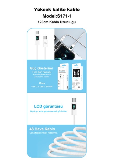 Eagleton S171-1 60W Lcd 120 CM Usb-c To Usb-c Şarj Kablosu