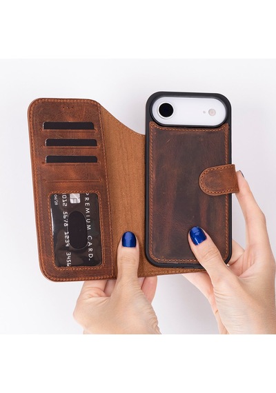 Bloomcase Magic Wallet Mahogany Saddle Hakiki Deri Apple Uyumlu iPhone 17 Air 6.5" Cüzdanlı Telefon Kılıfı Kahverengi