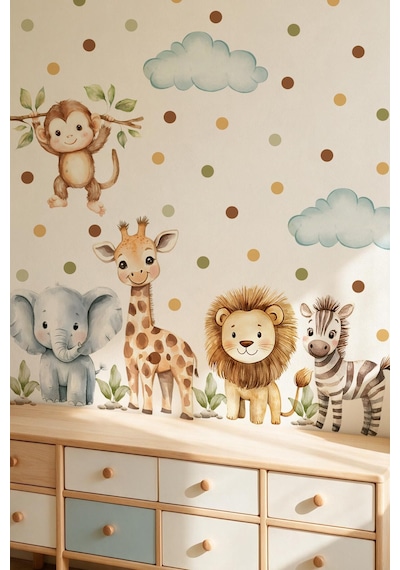 Safari Hayvanları Duvar Sticker Seti 88 Parça Fil, Zürafa, Aslan, Zebra,maymun Çocuk Odası Sticker Çok Renkli