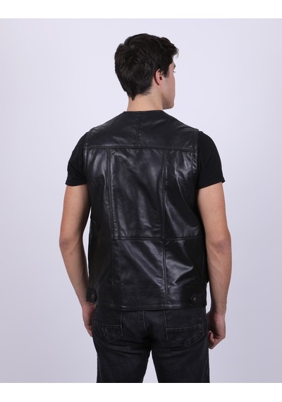 New Zaya Leather Erkek Siyah Deri Yelek (468581124)