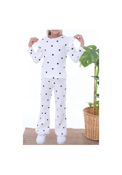 Yeni Sezon Kız Çocuk Fitilli Alt Üst Ekru Üzeri Kalp Desen Uzun Kol Pijama Takımı Fırfır Omuz Ekru