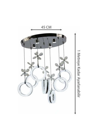Krom Çemberli Seri 7li Işıltılı Halka Formlu Kristal Kelebekli Modern Sarkıt Gümüş