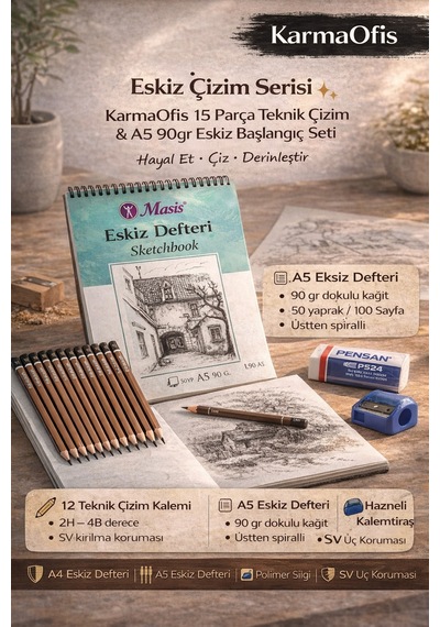 15 Parça Teknik Çizim Seti A5 90gr Eskiz Defteri + 12 Çizim Kalemi + Silgi + Kalemtıraş