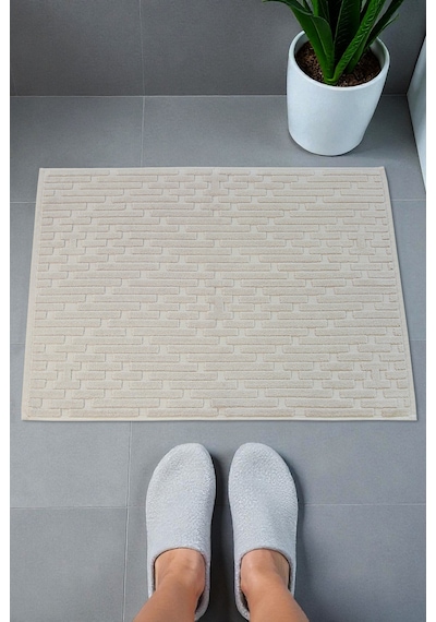 Tuğla Desenli 2li Ayak Havlusu - 50x70 Cm - Su Emici Banyo Paspası Seti - Krem Krem